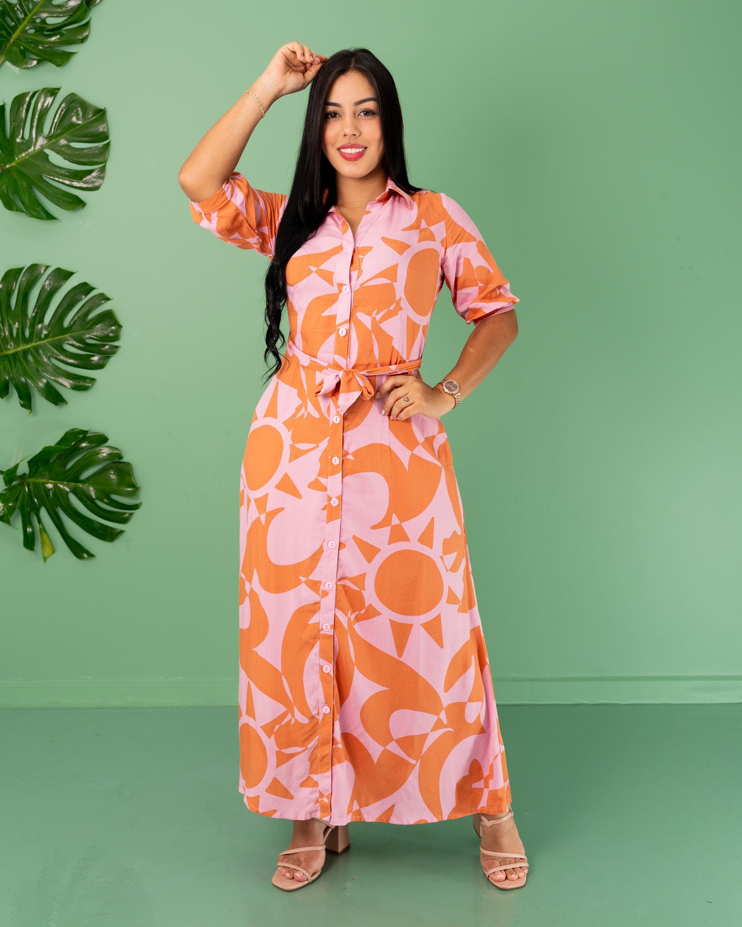 VESTIDO LARGO CAMISERO TELA CHALIS ESTAMPADO