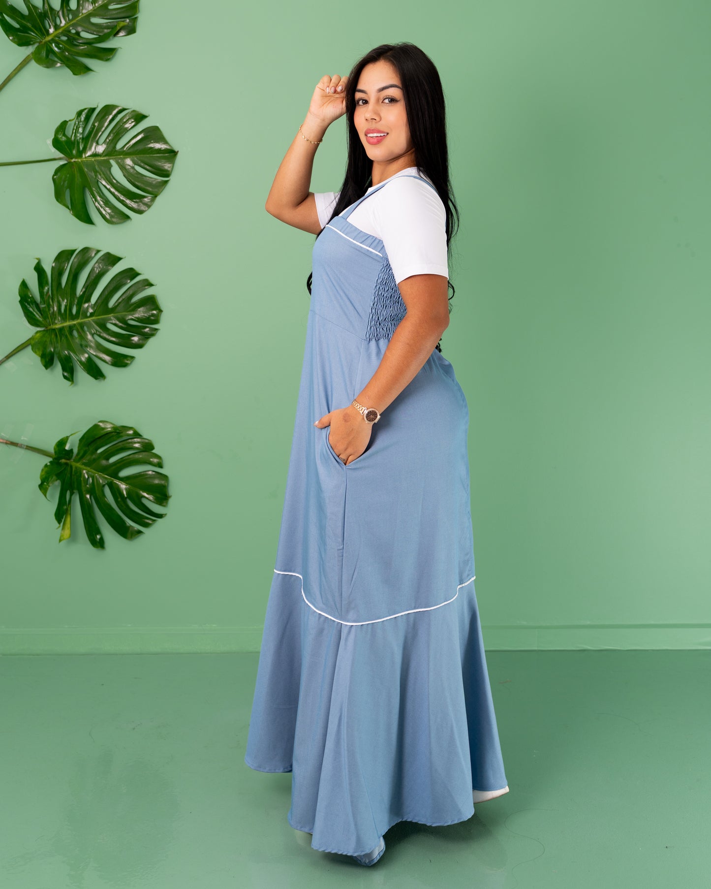 VESTIDO LARGO TELA CHAMBRAY CON BLUSA
