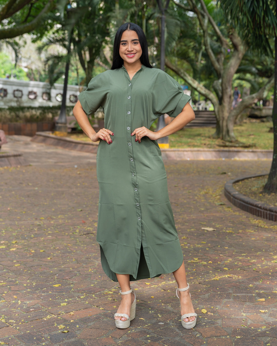 VESTIDO LARGO CAMISERO TELA SEDA MANGA STRECH