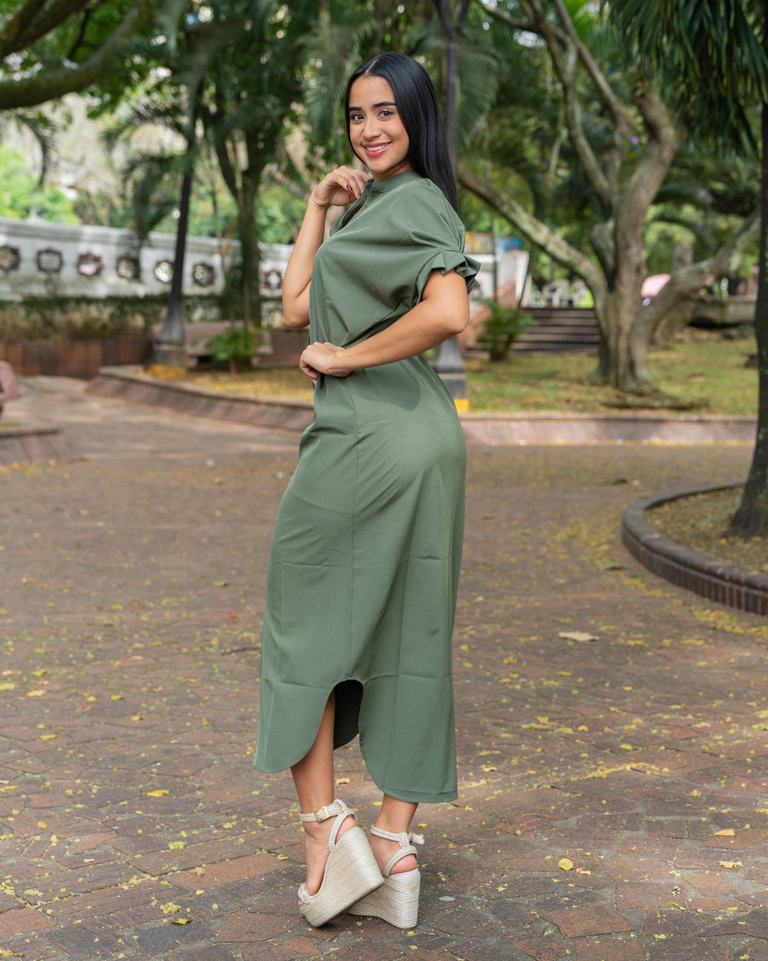 VESTIDO LARGO CAMISERO TELA SEDA MANGA STRECH