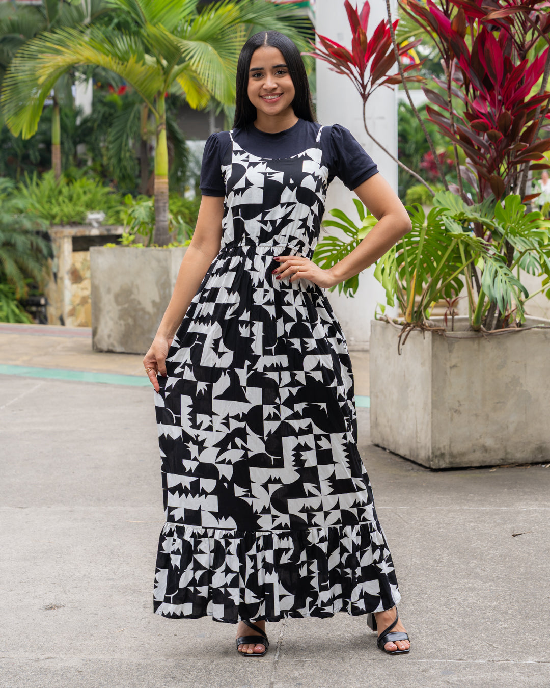 VESTIDO LARGO EN TIRAS ESTAMPADO TELA CHALIS