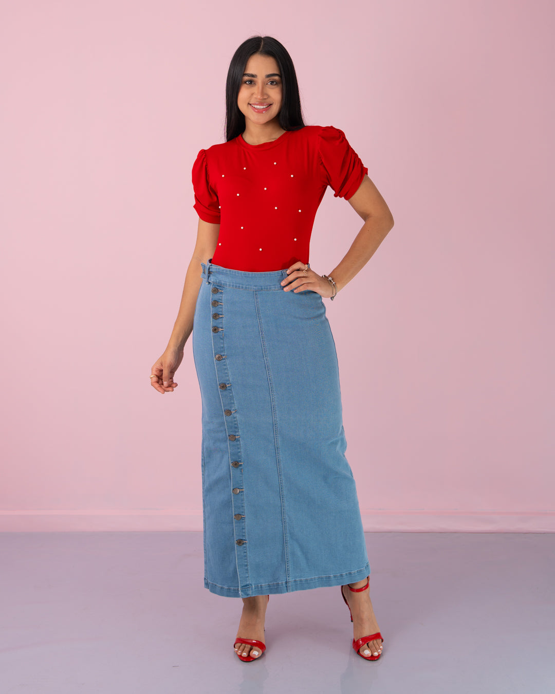 FALDA JEANS LARGA BOTONES AL LADO
