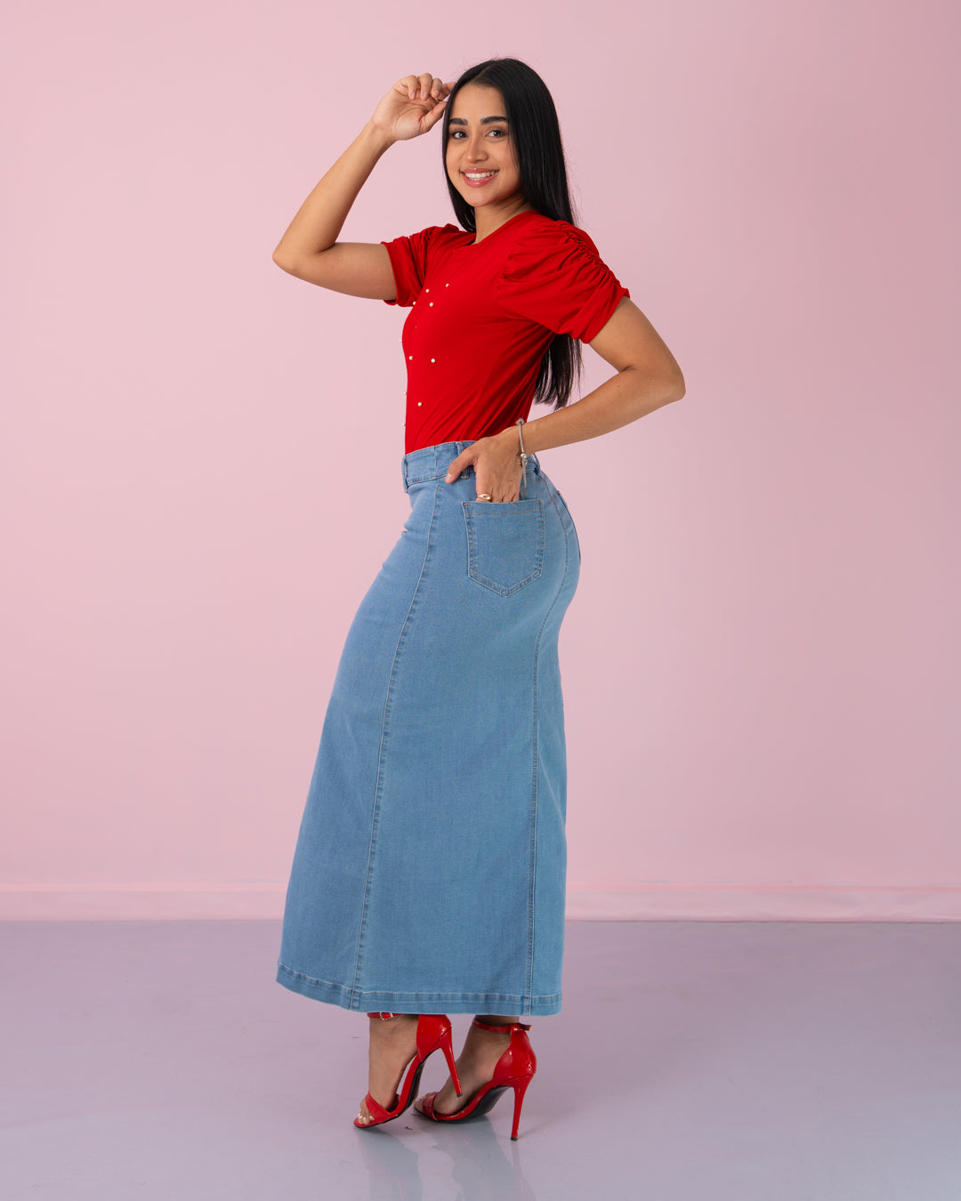 FALDA JEANS LARGA BOTONES AL LADO