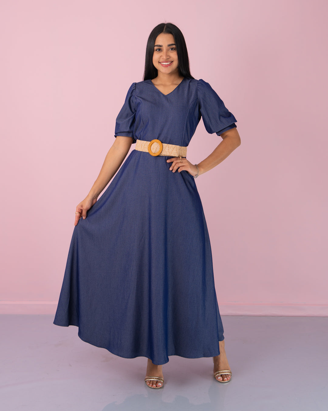 VESTIDO LARGO CUELLO V TELA CHAMBRAY