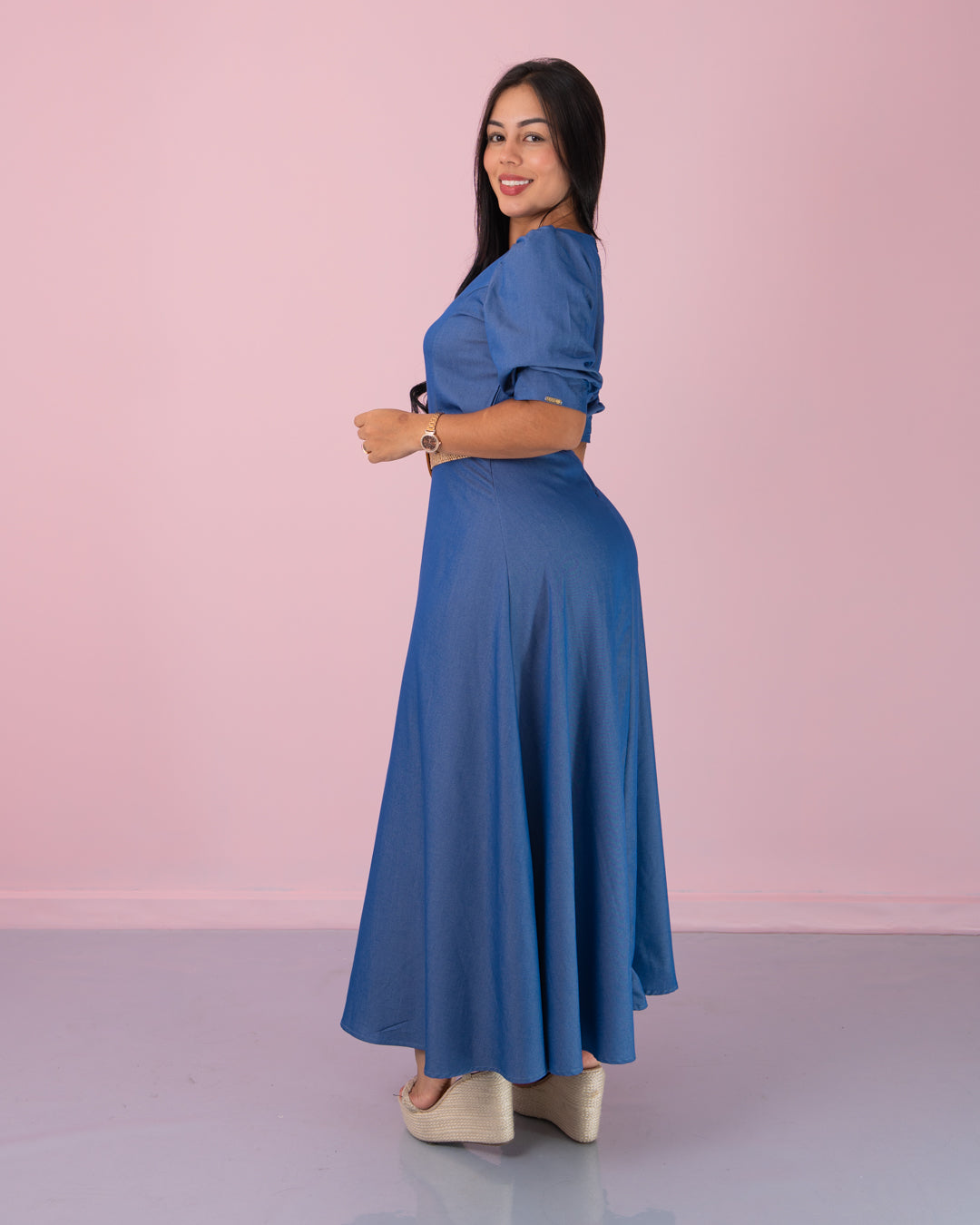 VESTIDO LARGO CUELLO V TELA CHAMBRAY