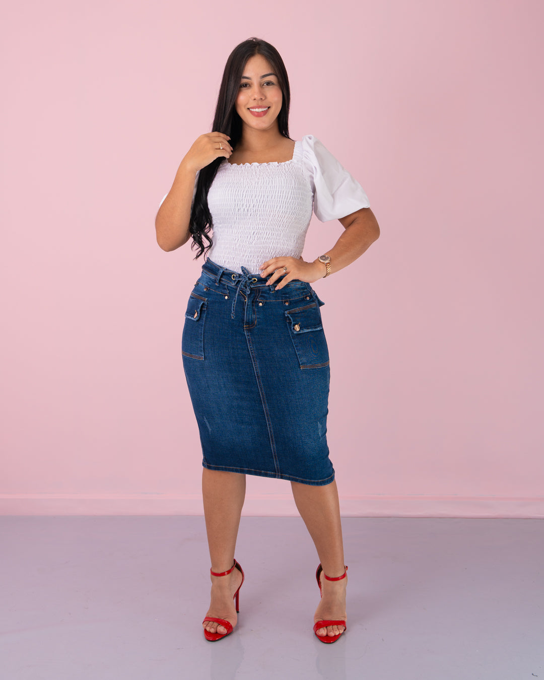 FALDA JEANS 3/4 BOLSILLOS ADELANTE CINTURON