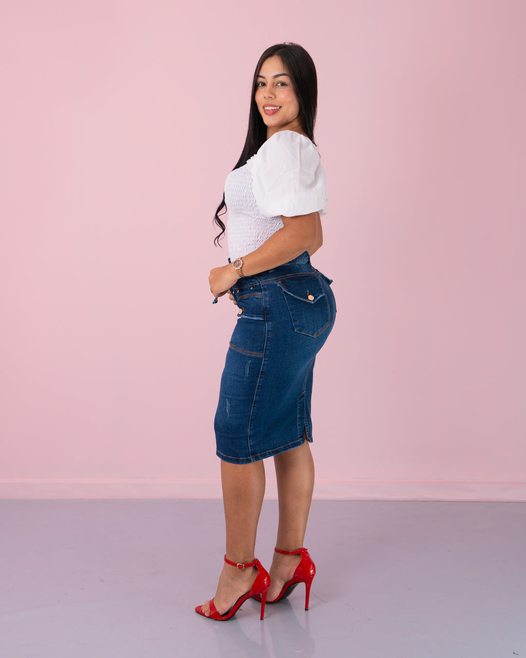 FALDA JEANS 3/4 BOLSILLOS ADELANTE CINTURON