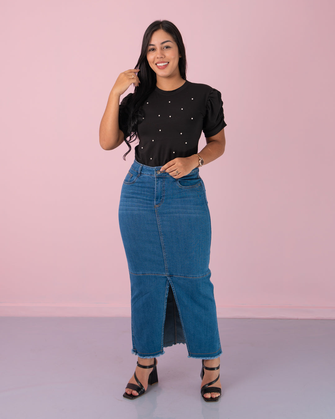 FALDA JEANS LARGA ABERTURA ADELANTE DESMECHADA
