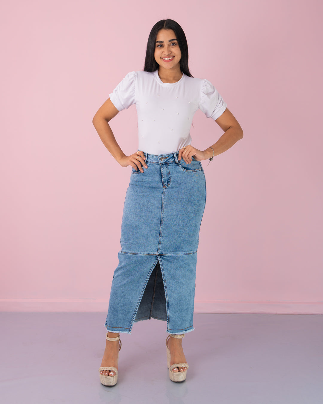 FALDA JEANS LARGA ABERTURA ADELANTE DESMECHADA