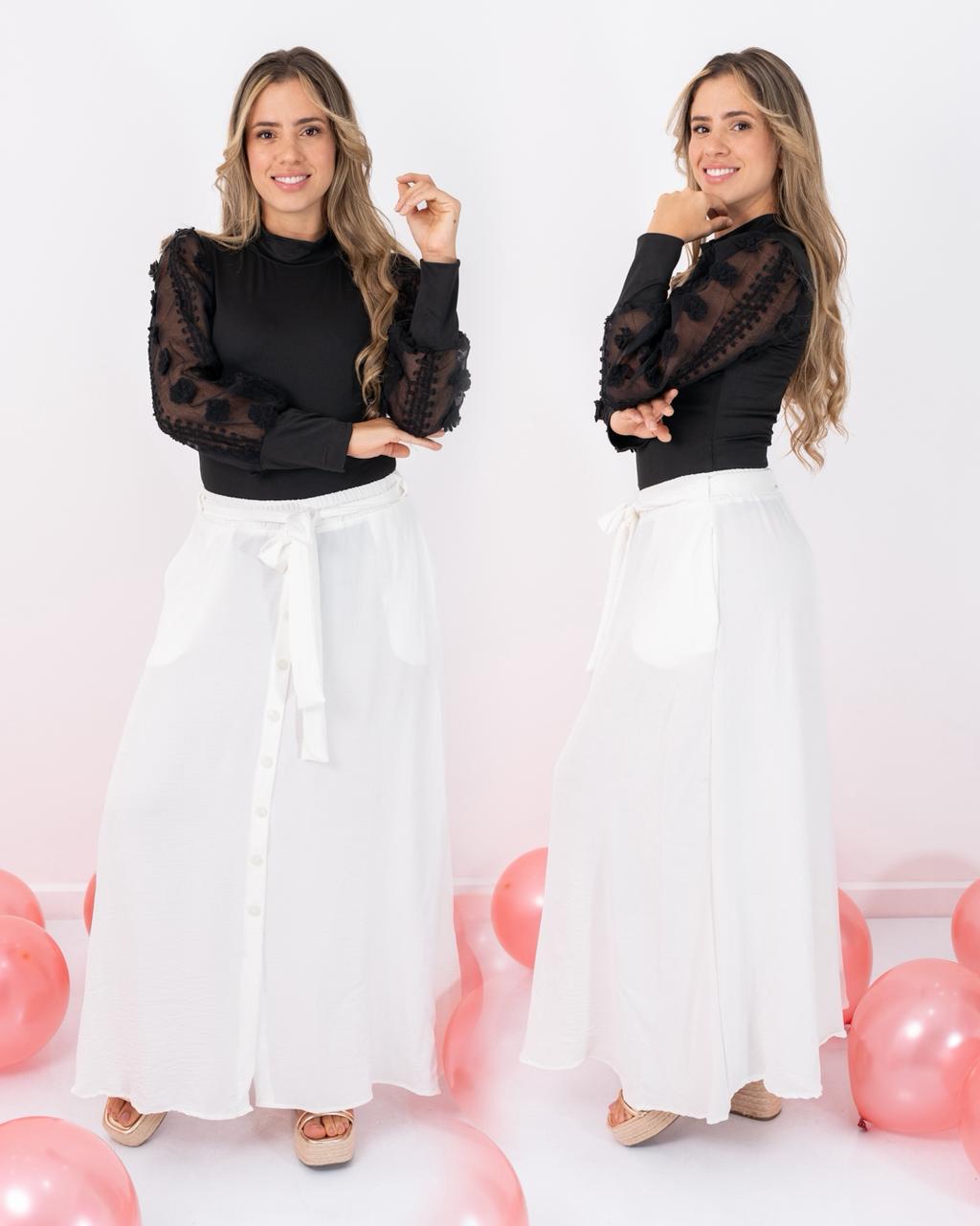 FALDA LARGA BOTONES ADELANTE TELA SEDA