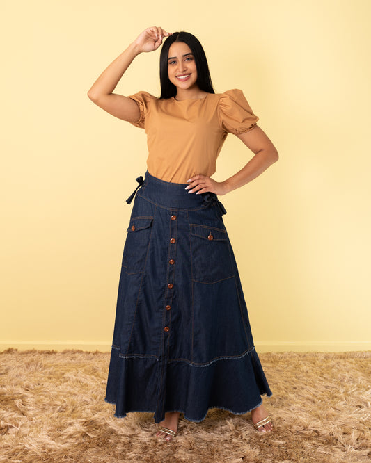FALDA LARGA BOTONES ADELANTE TELA CHAMBRAY