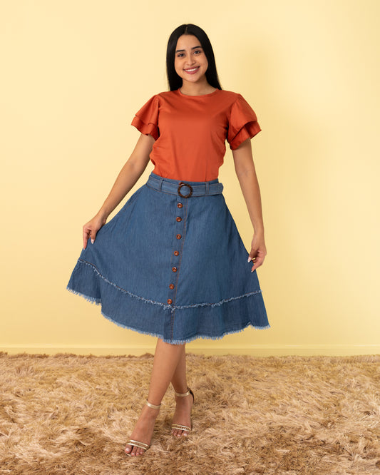 FALDA ROTONDA 3/4 BOTONES Y CORREA TELA CHAMBRAY