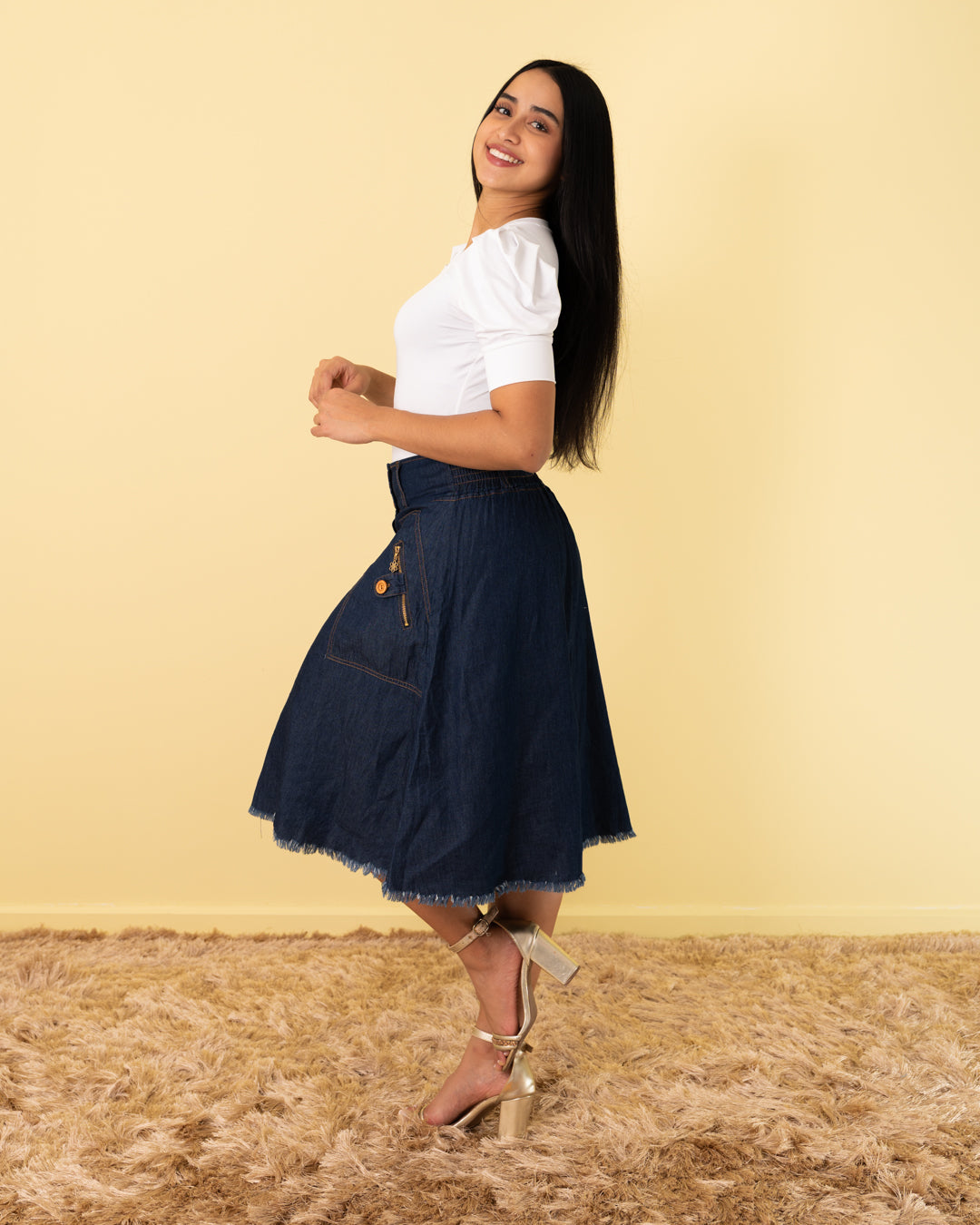 FALDA ROTONDA 3/4 BOTONES CIERRE TELA CHAMBRAY