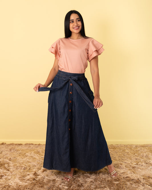 FALDA LARGA BOTONES ADELANTE TELA CHAMBRAY