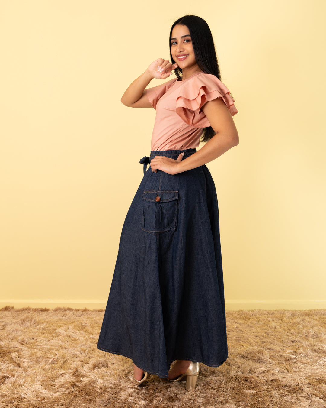 FALDA LARGA BOTONES ADELANTE TELA CHAMBRAY