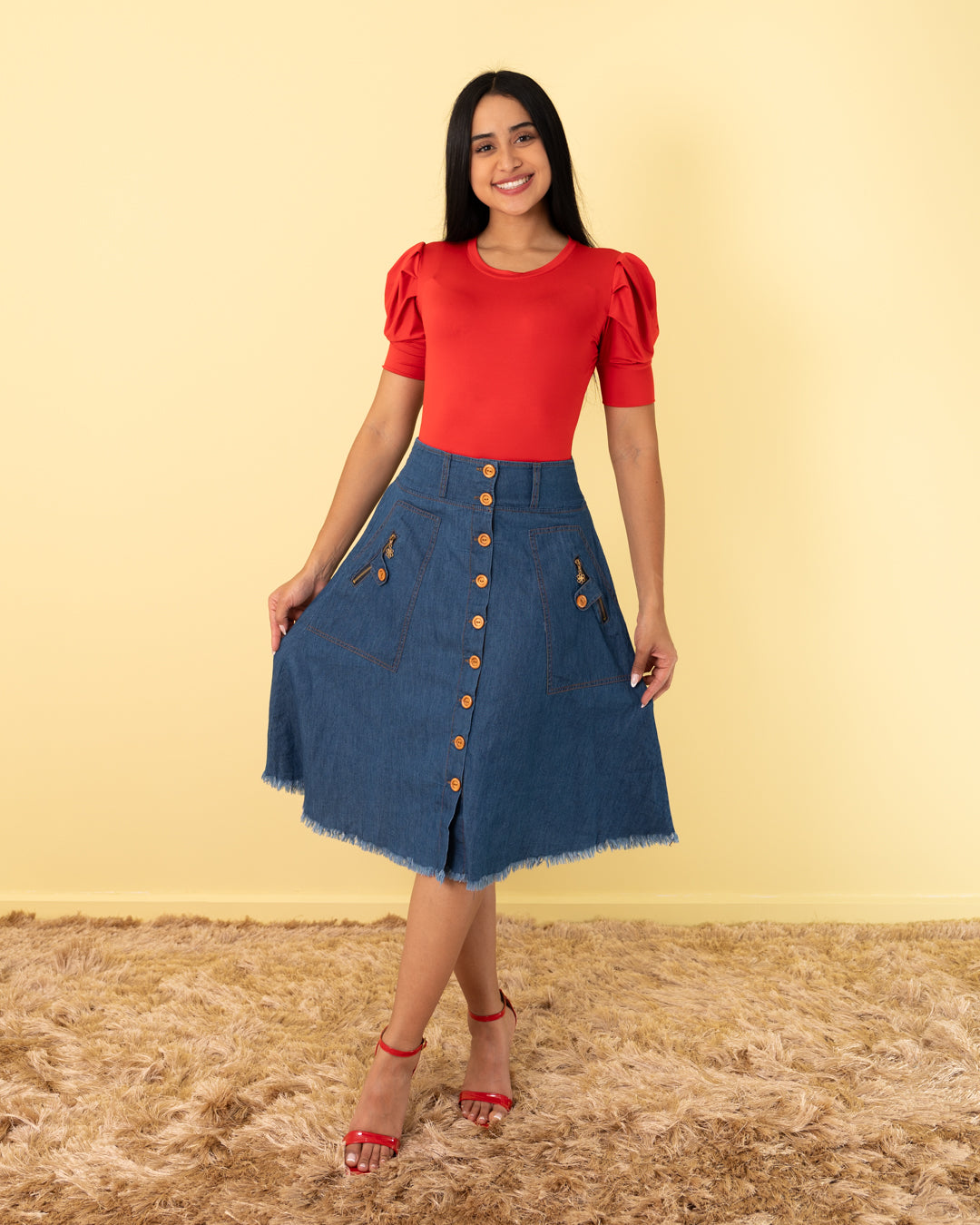 FALDA ROTONDA 3/4 BOTONES CIERRE TELA CHAMBRAY