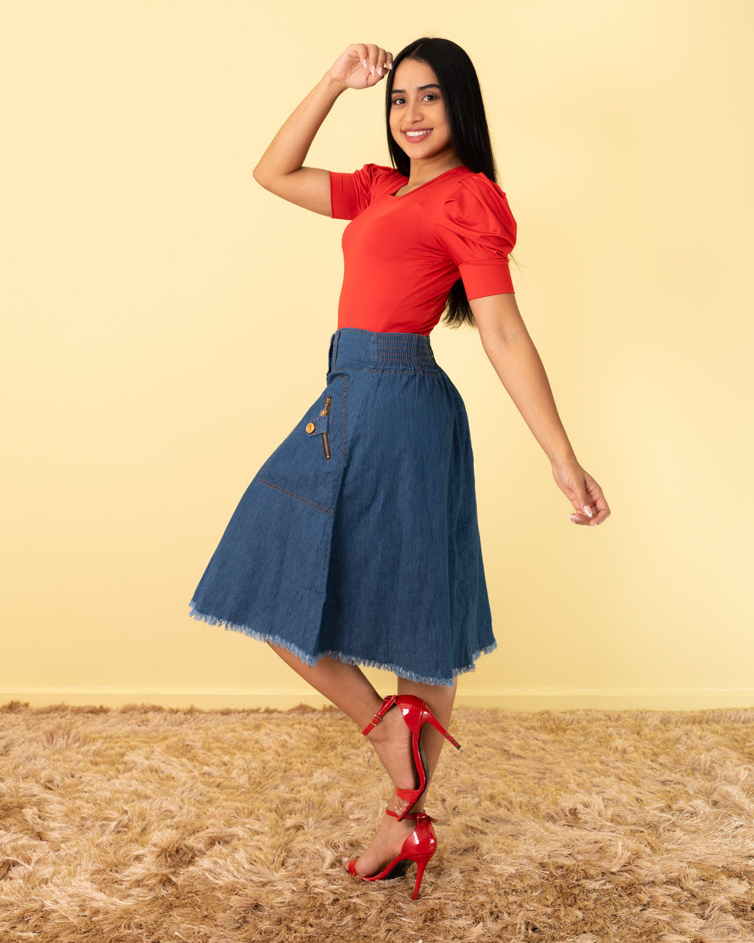 FALDA ROTONDA 3/4 BOTONES CIERRE TELA CHAMBRAY