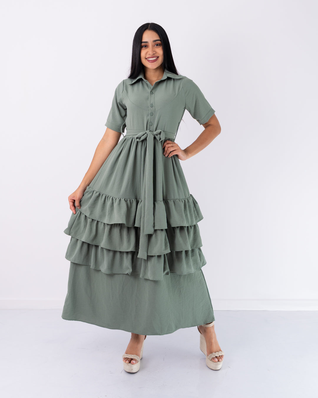 VESTIDO LARGO 3 BOLEROS TELA CREPE