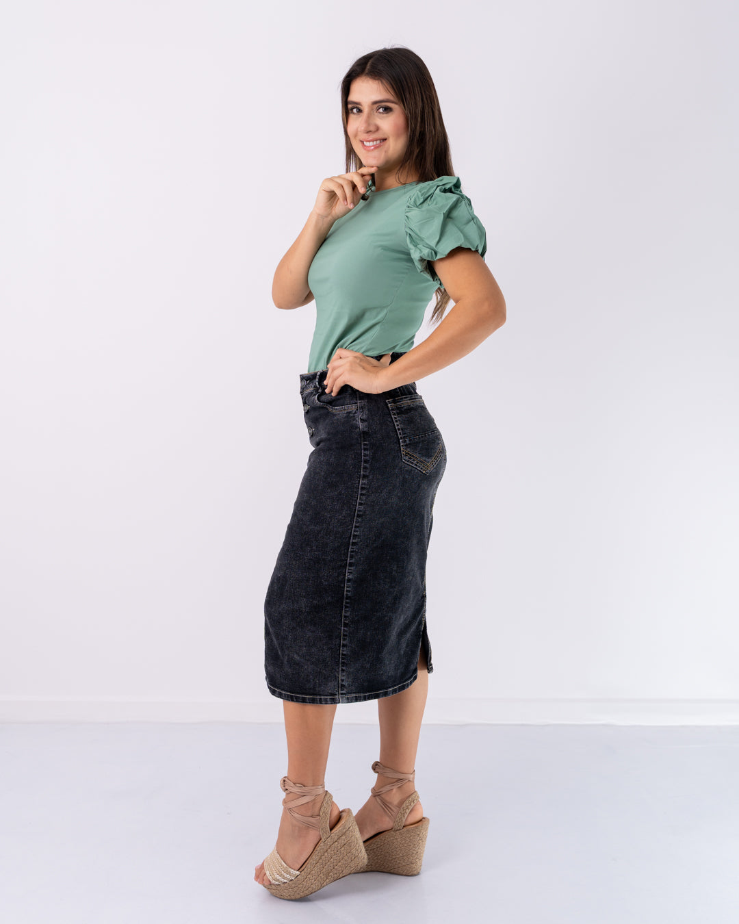 FALDA JEANS MEDIA CAÑA BOTONES ADELANTE