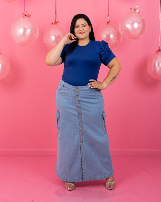 FALDA LARGA JEAN PLUS BOTONES AL LADO CARGO