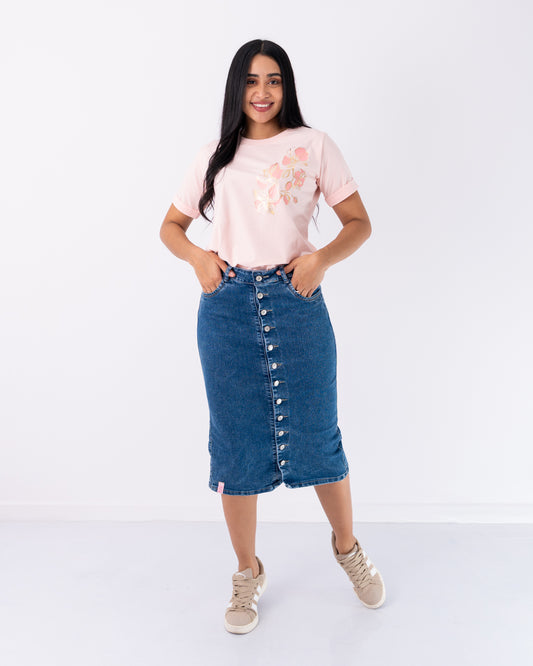 FALDA JEANS MEDIA CAÑA BOTONES ADELANTE