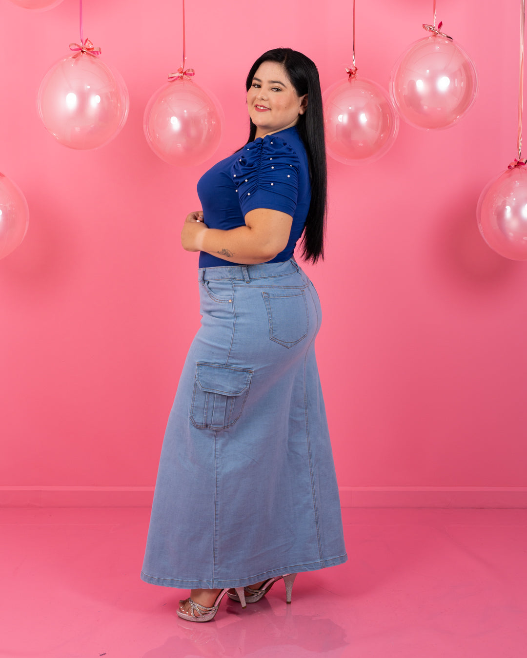 FALDA LARGA JEAN PLUS BOTONES AL LADO CARGO
