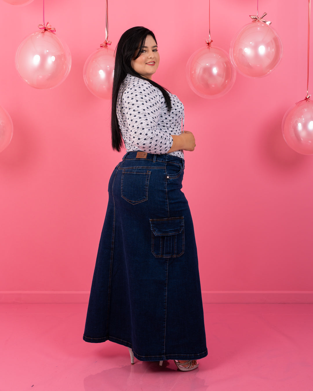 FALDA LARGA JEAN PLUS BOTONES AL LADO CARGO