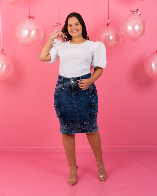 FALDA JEAN 3/4 OJALATE CON BRILLOS Y PERLAS