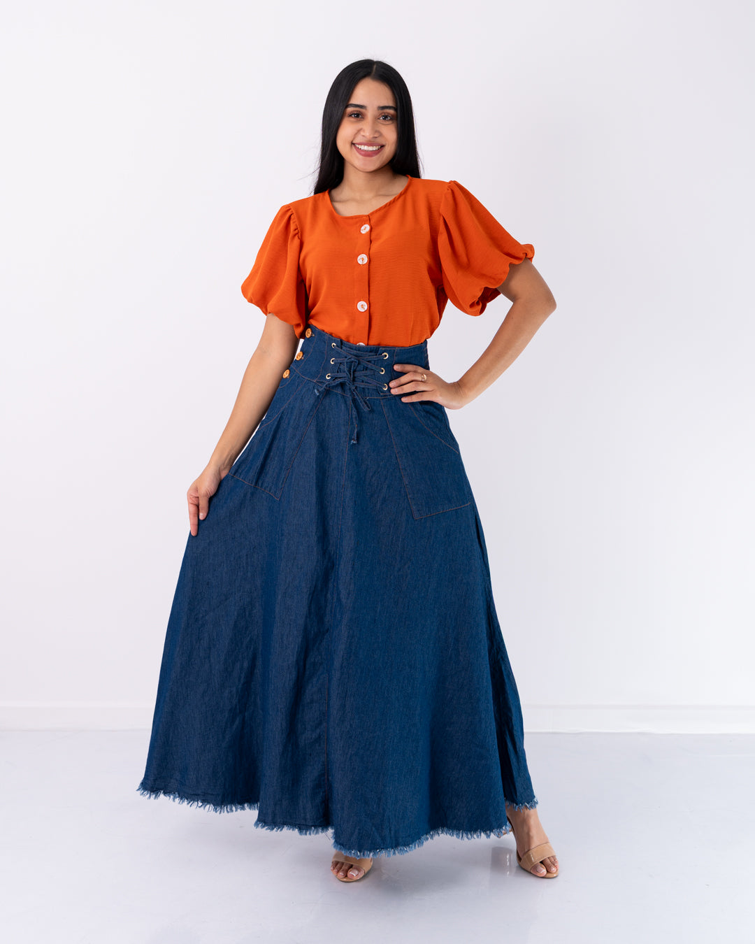 FALDA LARGA ROTONDA CORDON ADELANTE TELA CHAMBRAY