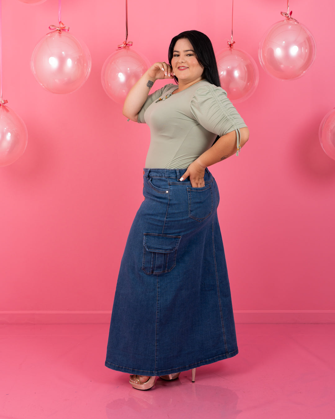 FALDA LARGA JEAN PLUS BOTONES AL LADO CARGO