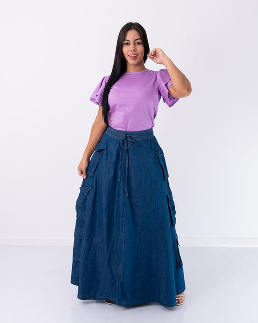 FALDA LARGA 3 BOLSILLOS CAMUFLADOS TELA CHAMBRAY