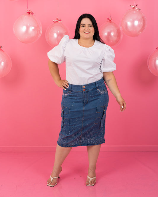 FALDA JEAN 3/4 PLUS CON BRILLOS