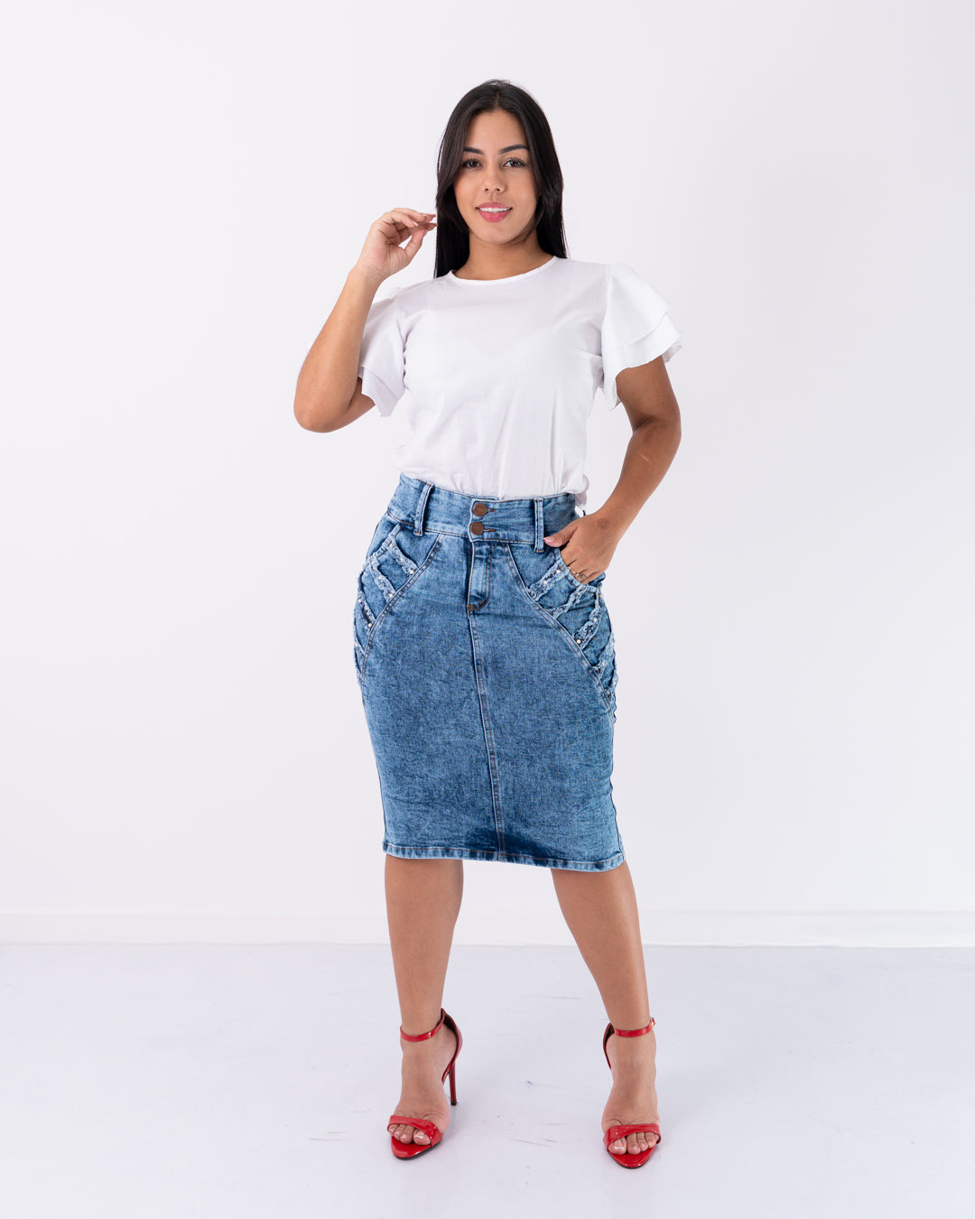 FALDA JEANS 3/4 PERLAS