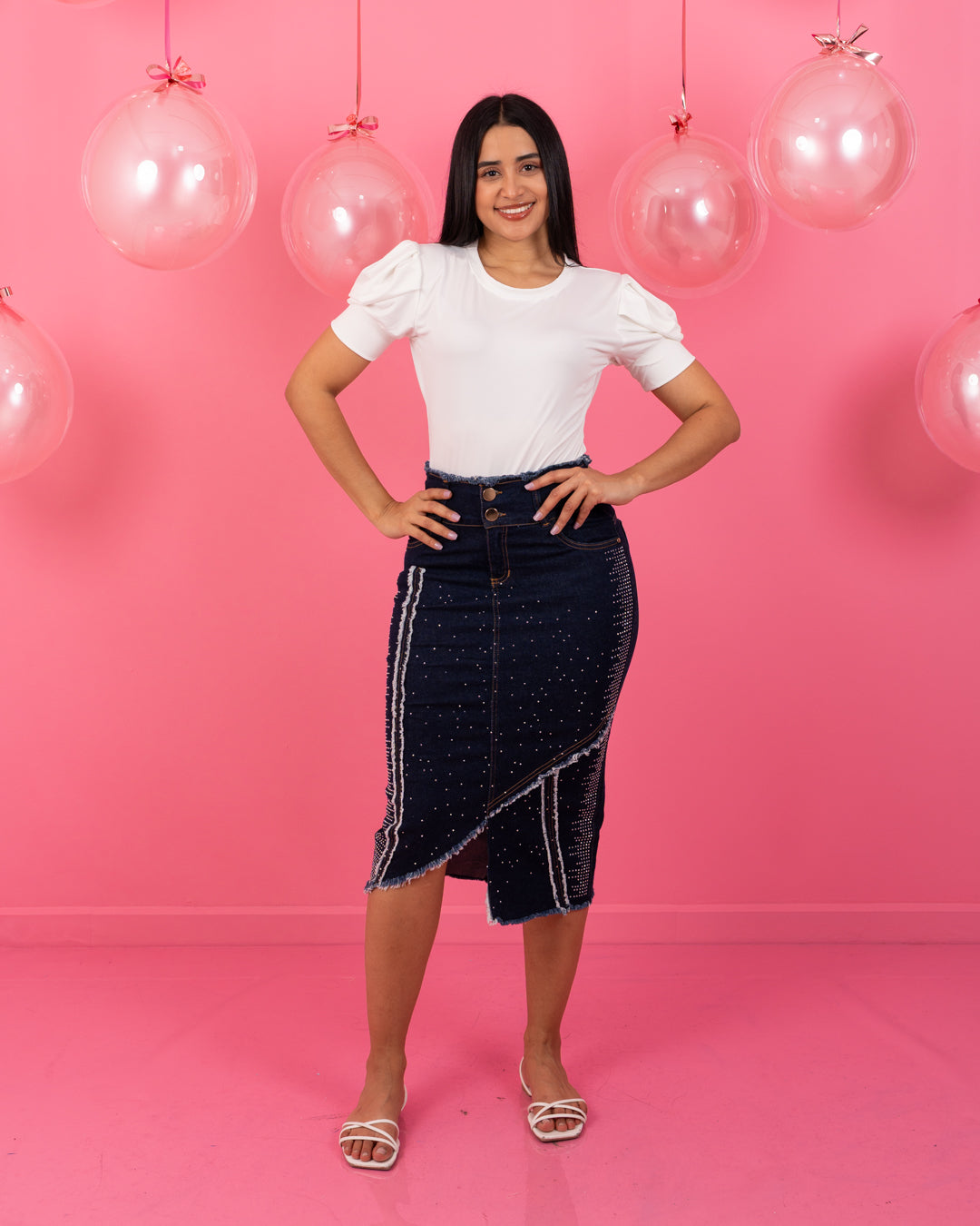 FALDA JEAN CANILLERA CON BRILLOS