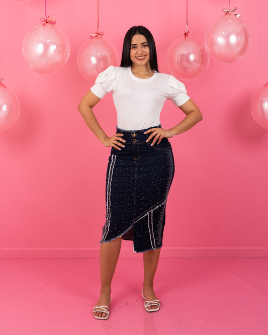 FALDA JEAN CANILLERA CON BRILLOS