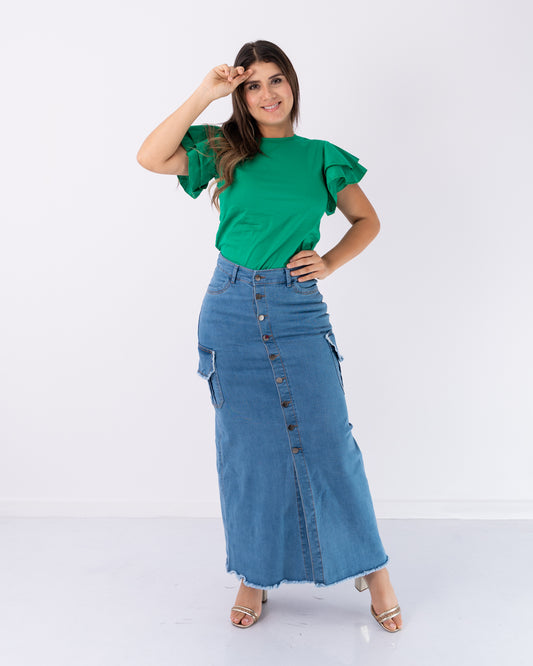 FALDA JEANS LARGA BOTONES ADELANTE BOLSILLO CAMUFLADO