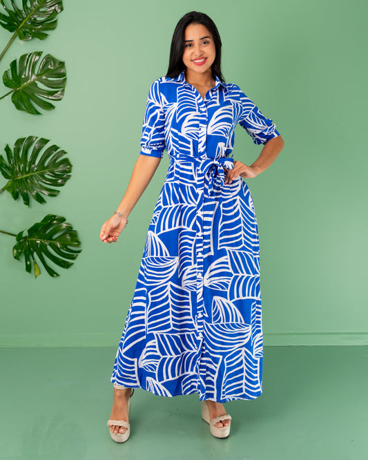 VESTIDO LARGO CAMISERO TELA CHALIS ESTAMPADO