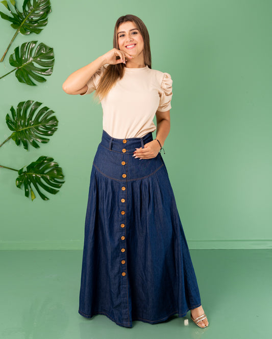 FALDA LARGA ANCHA BOTONES ADELANTE TELA CHAMBRAY