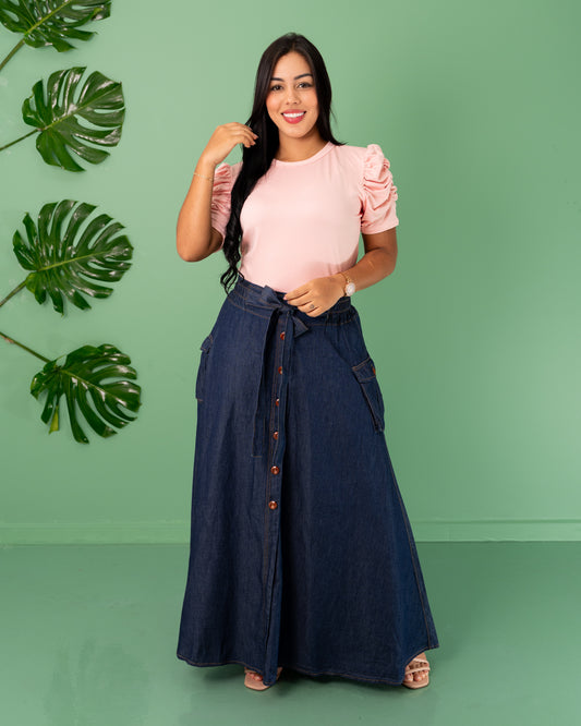 FALDA LARGA DE BOTONES  Y BOLSILLO TELA CHAMBRAY
