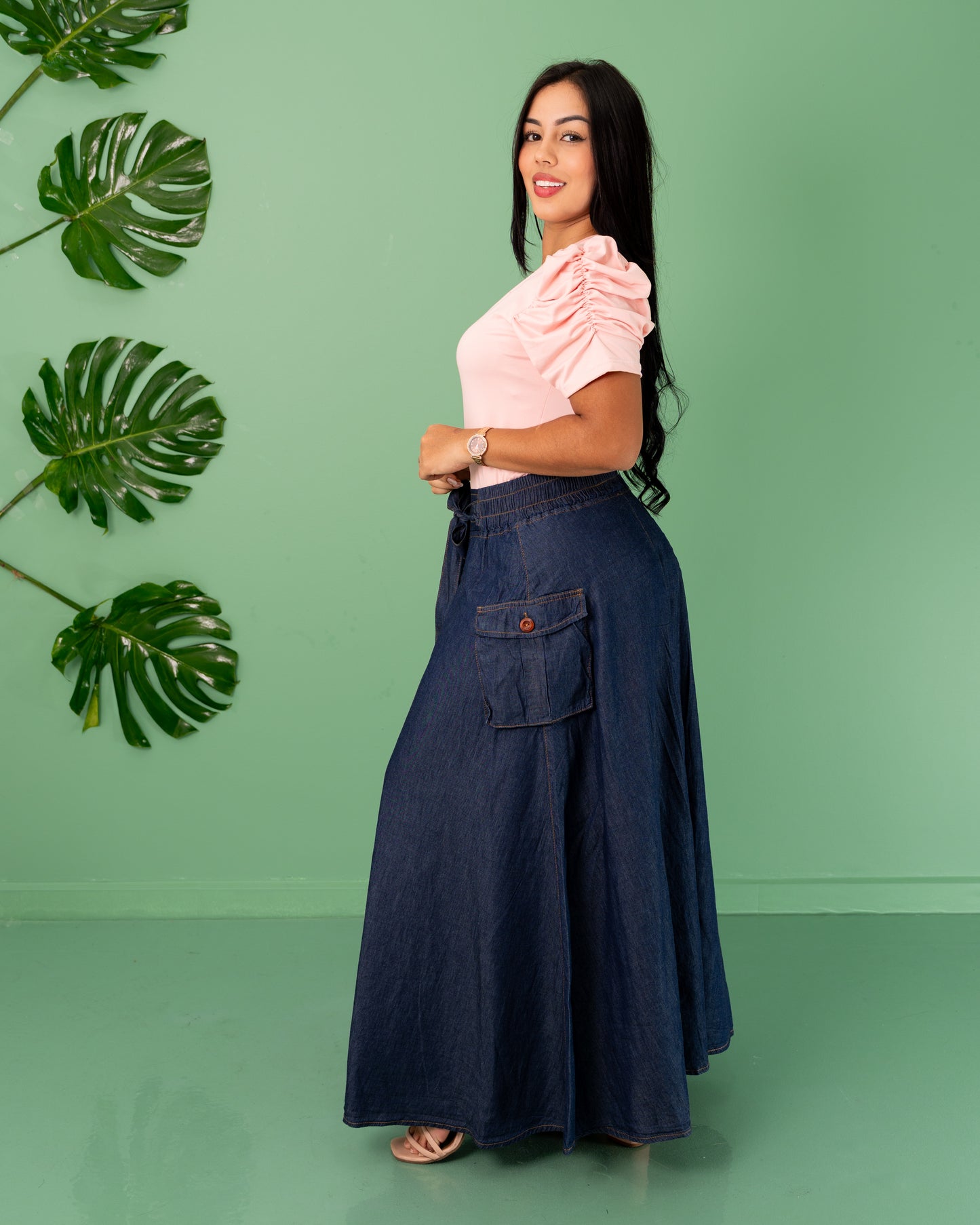 FALDA LARGA DE BOTONES  Y BOLSILLO TELA CHAMBRAY