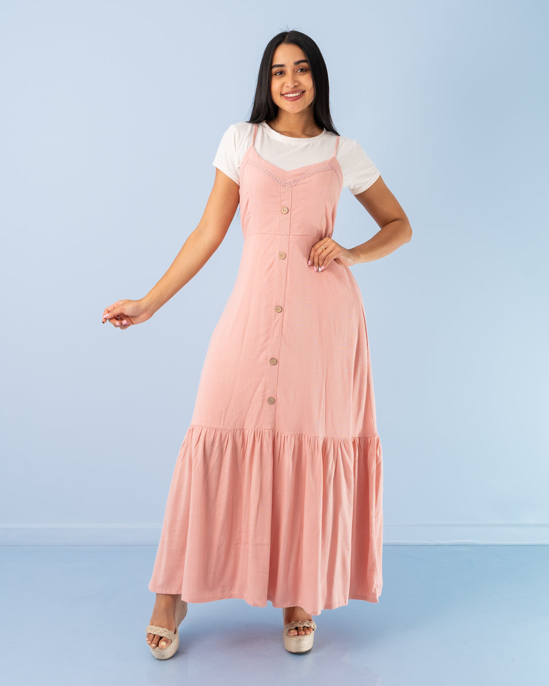 VESTIDO LARGO TIRAS BOTONES ADELANTE BOLERO ABAJO TELA LINO