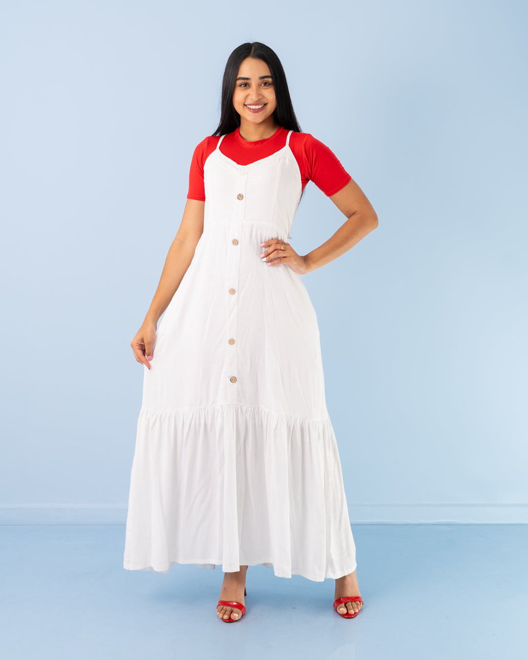 VESTIDO LARGO TIRAS BOTONES ADELANTE BOLERO ABAJO TELA LINO