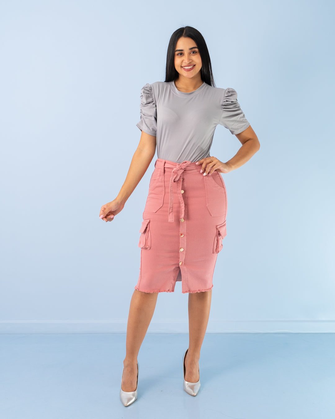 FALDA DRILL BOTONES ADELANTE BOLSILLOS A LOS LADOS 3/4