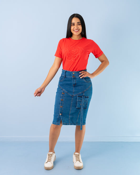FALDA JEANS 3/4 CAMUFLADA BOTONES AL LADO