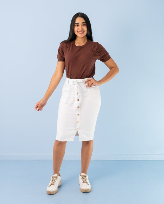 BLUSA HILO CUELLO REEDONDO MANGA CORTA FLORES TEJIDAS