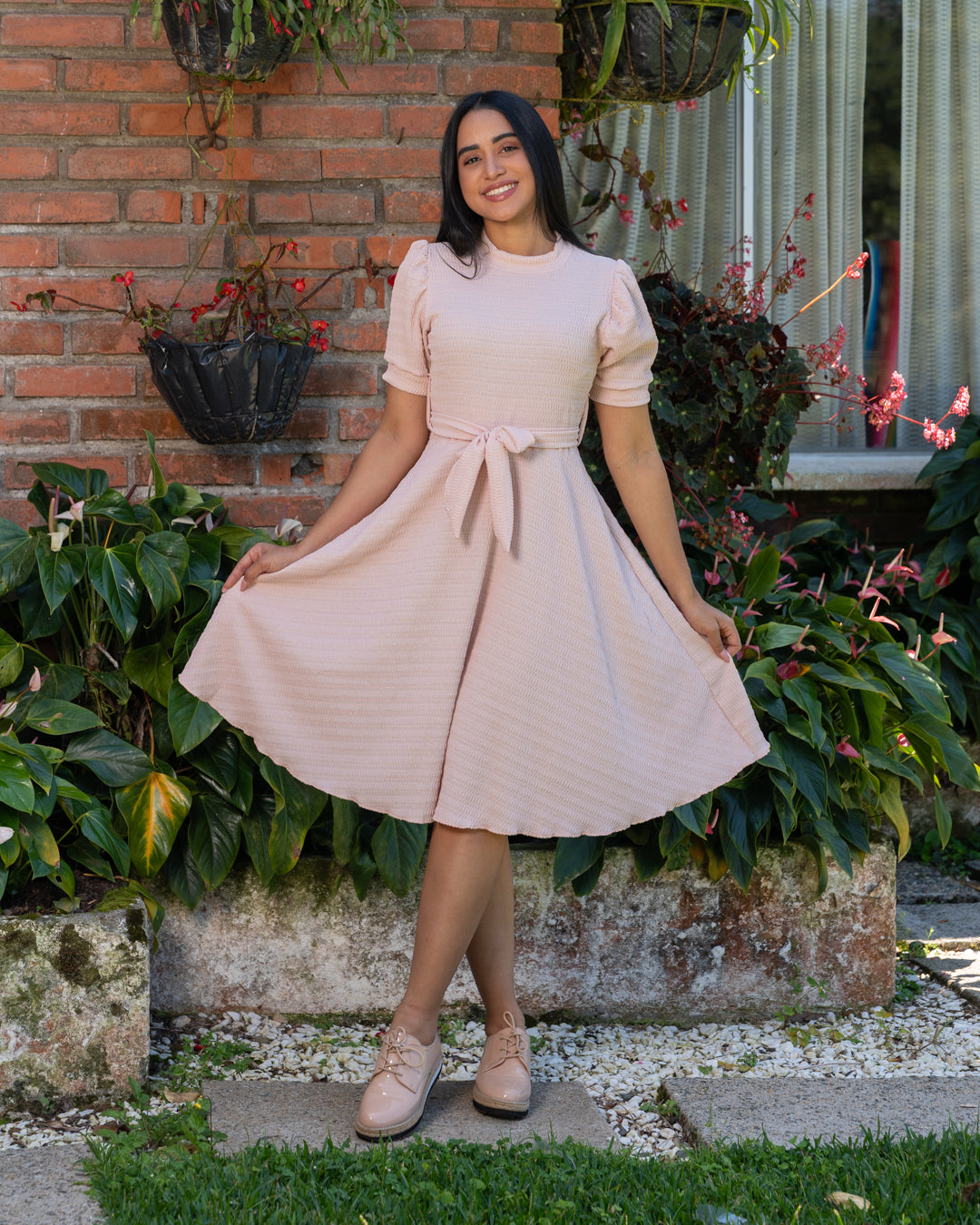 VESTIDO 3/4 CON CINTURON MANGA BOMBACHA