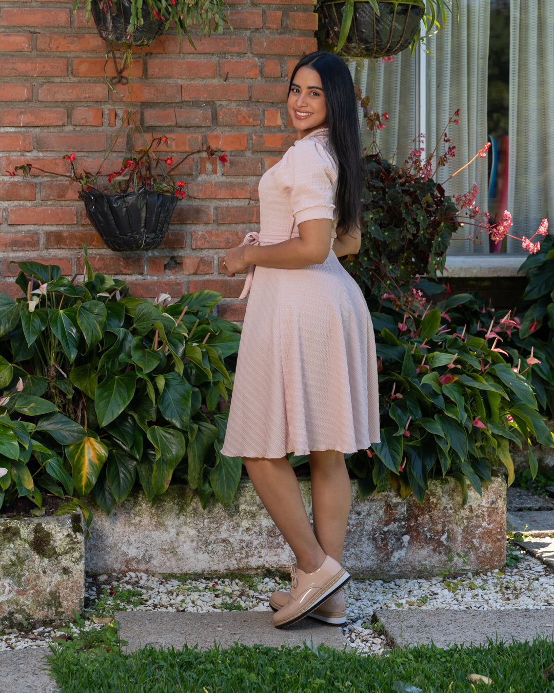 VESTIDO 3/4 CON CINTURON MANGA BOMBACHA