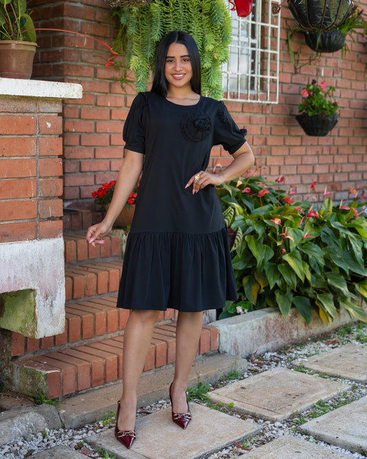 VESTIDO 3/4 MANGA BOMBACHA CON UNA FLOR