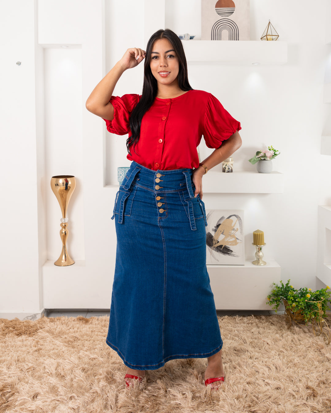 FALDA JEANS LARGA BOTONES ADELANTE BOLSILLO A LOS LADOS