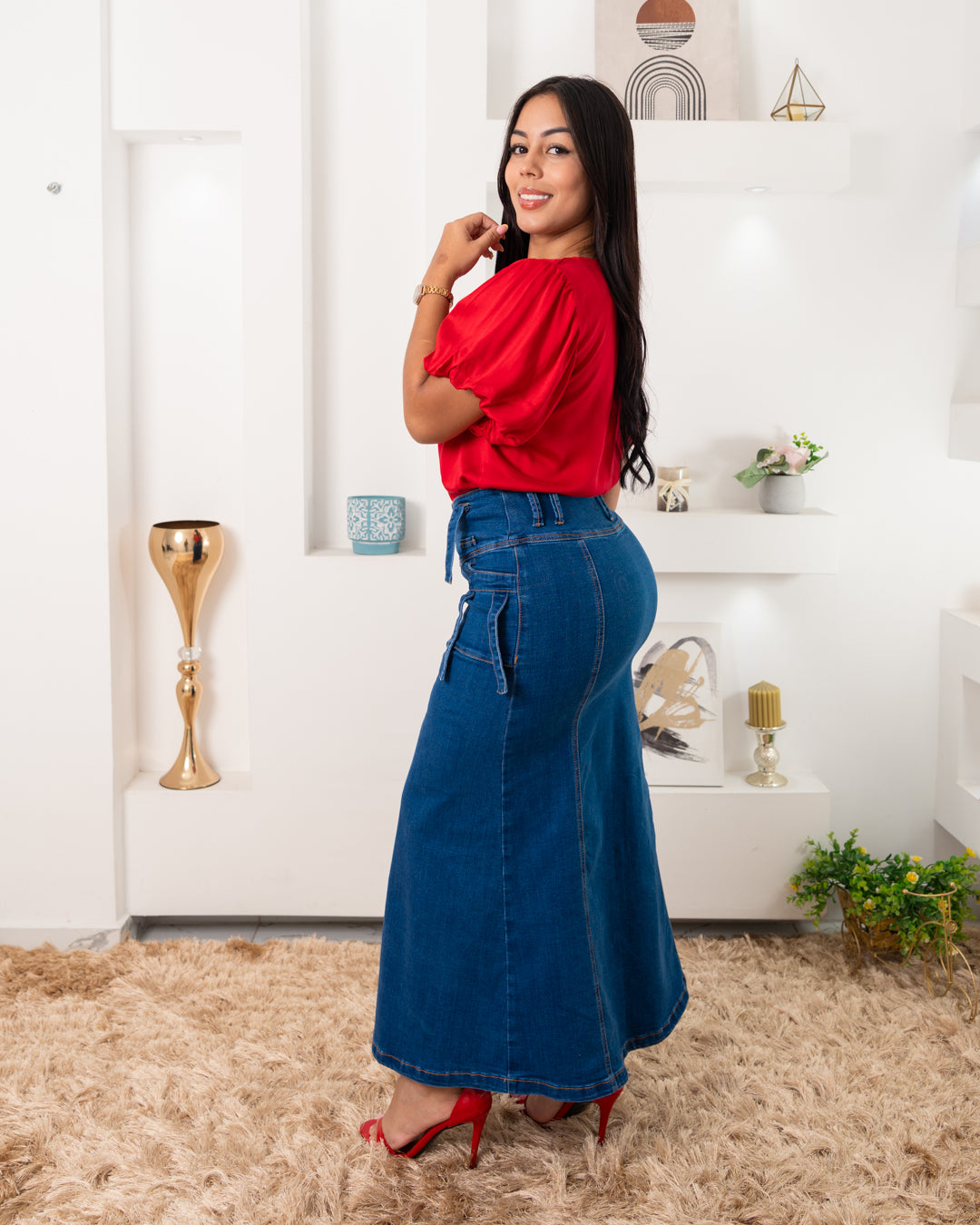 FALDA JEANS LARGA BOTONES ADELANTE BOLSILLO A LOS LADOS